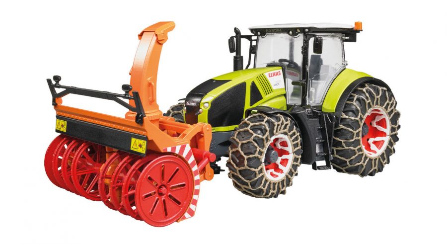 BRUDER CLAAS AXION 950 TRACTOR WITH SNOW CHAINS & SNOW BLOWER 1:16 SCALE.