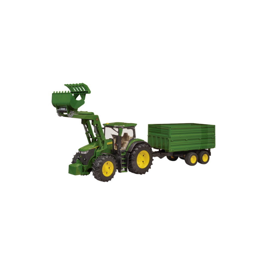 BRUDER JOHN DEERE TRACTOR WITH FRONT LOADER & TANDEM AXLE TRAILER 1:16 SCALE.